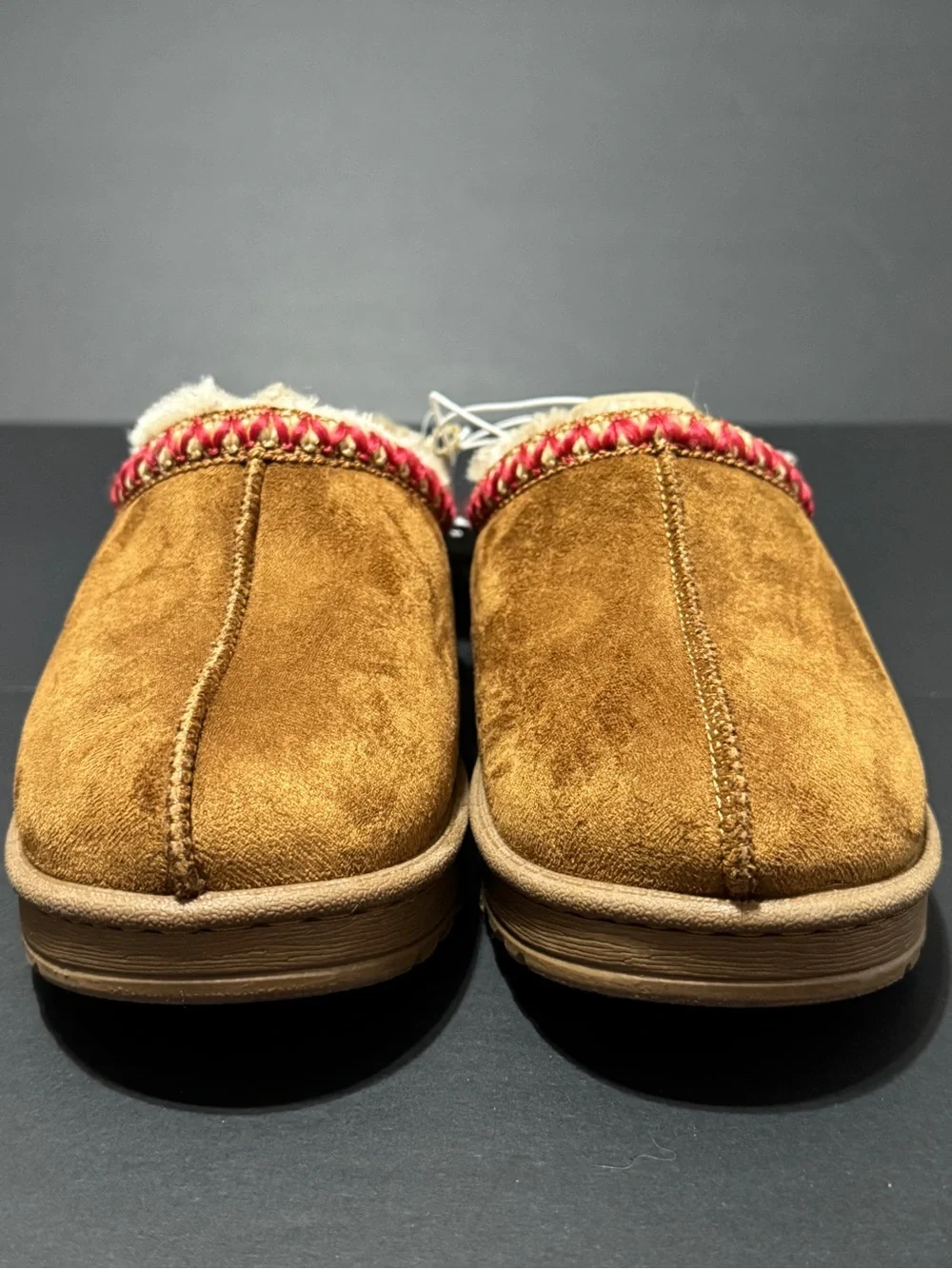 Kohl's Kids Faux-Suede Pembroke Slip-On Slippers in Chestnut with Red Trim